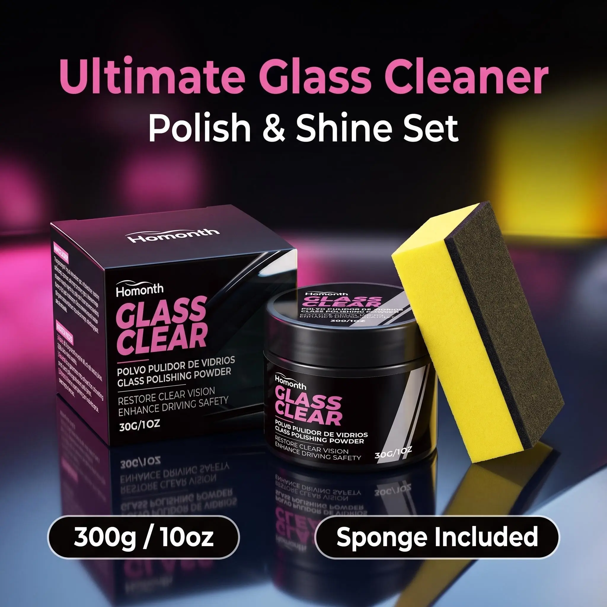 Car Glass Polish Powder Set, Front Windshield Oil Film Stain Remover, Window Foggy Scratches Light Marks Brightening Cleaning Maintenance Kit