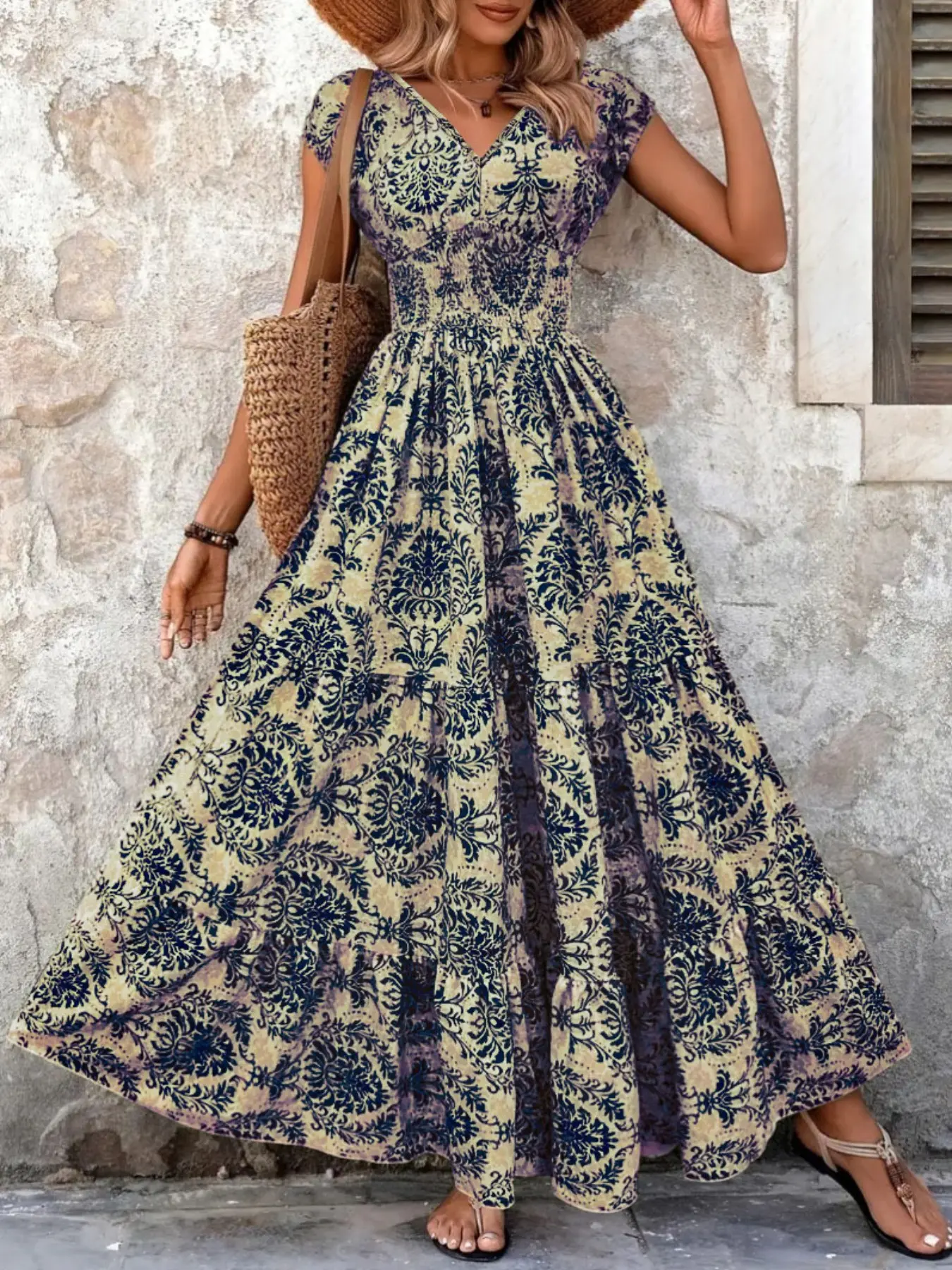 Summer New Fashion Dress, Casual Versatile Vintage Print, Elegant V Neck Short Sleeve Long Dress, Trendy and Stylish