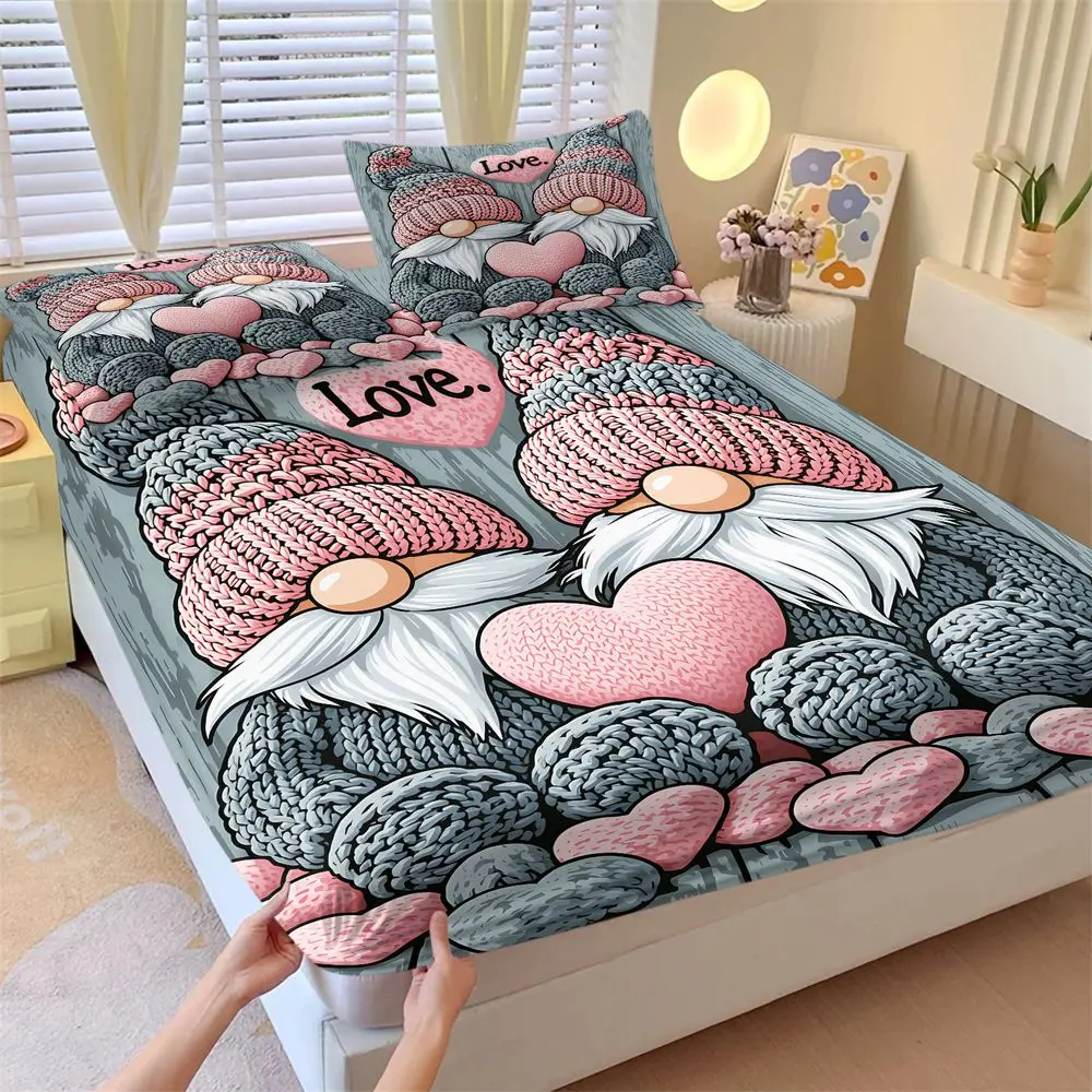 3Pcs Cute Gnome Love Fitted Sheet Set, Valentine's Day Bedding Set, Romantic Pink Heart Bed Sheets Set, Soft Cozy Decorative Bedding for Bedroom, Couple Gift, Durable Microfiber Bed Set No Fillers