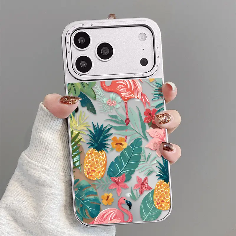 Phone Case Compatible with iPhone 17 Air/16/15/14/13/12 Pro Max Plus Flamingo Pineapple Print Pattern Glossy Silver Mirror 2-in-1 Electroplated Cover Luxury Finish Anti-Drop Shockproof Bumper Shell
