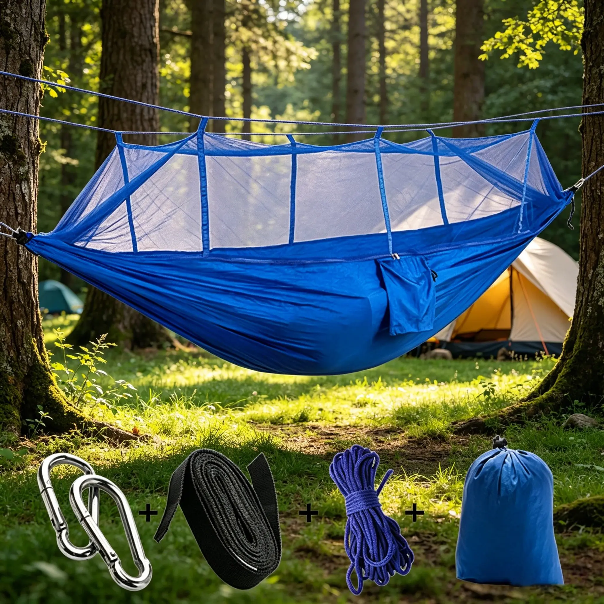 High-Style Mosquito Net Hammock Set, Durable Nylon Material, 200kg Capacity, Three Colors Available, Perfect for Camping & Outdoor Activities