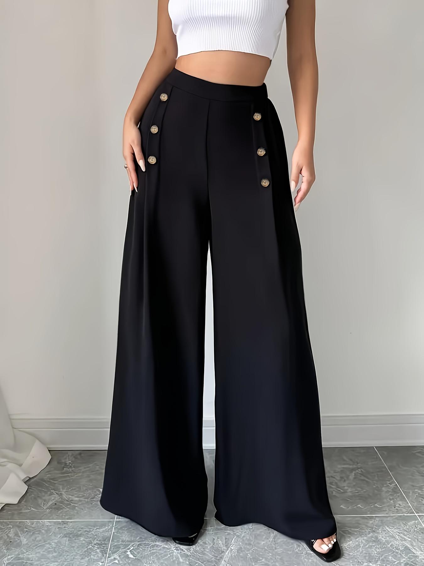 Women's Solid Color Button Decor Wide Leg Pants, Basic Casual High Waist Comfy Trousers for Work Office Business, Ladies Casual Fitted Bottoms for All Seasons