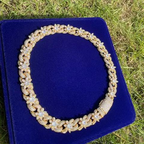 Loveden Rose Gold-Plated Iced Out Flower Cuban Link Chain Necklace - Full Paved CZ Bling Shine Choker, Diamond-Encrusted Box Clasp, Luxury Hip Hop Statement Piece, Gifts for Boyfriends, Jewelry for Women, Accessories for Women, Men's Jewelry