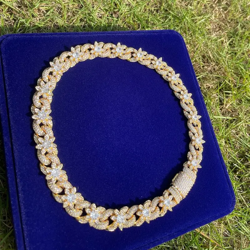 Loveden Rose Gold-Plated Iced Out Flower Cuban Link Chain Necklace - Full Paved CZ Bling Shine Choker, Diamond-Encrusted Box Clasp, Luxury Hip Hop Statement Piece, Gifts for Boyfriends, Jewelry for Women, Accessories for Women, Men's Jewelry