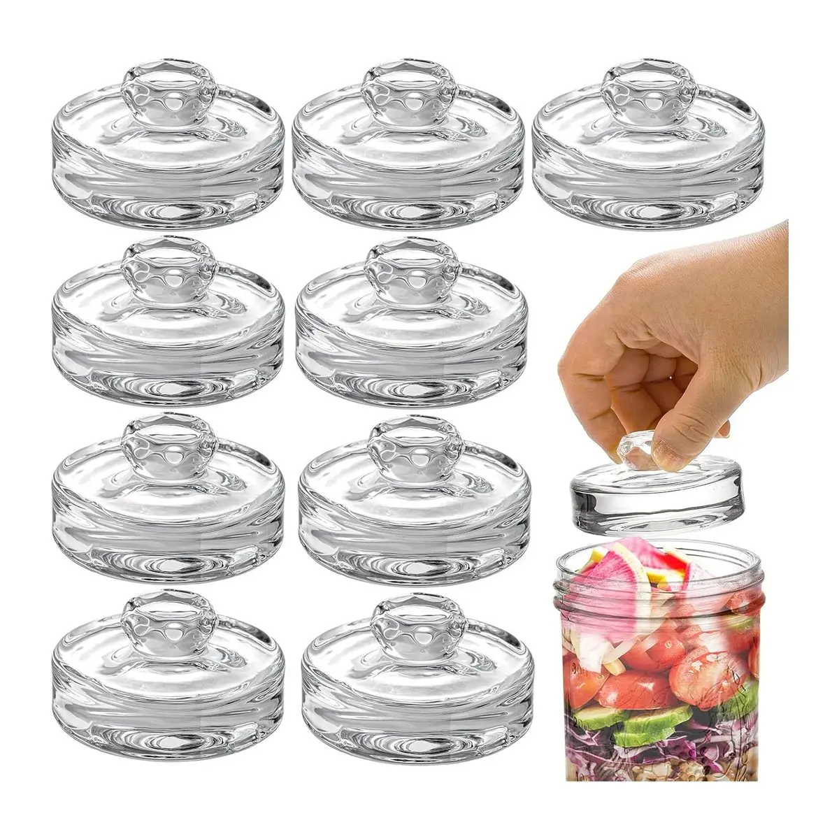 Kitchen 9-Pack Thick Sturdy Transparent Round Fermentation Glass Weights with Easy-Grip Handles, Wide-Mouth Mason Jar Fermenting Kit for Sauerkraut, Kimchi