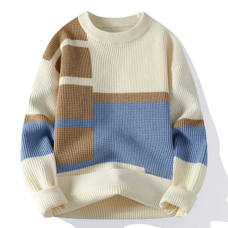 Men Geometric Color Block Waffle Knit Crew Neck Pullover Sweater, Contrast Square Patchwork Knitted Top, Soft Comfort Fashion Knit Layering Shirt For Spring Autumn Daily Casual Street Outfits