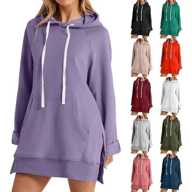 Warm Casual Oversized Hoodie Dress for Women Pullover Long Sweatshirt with Slit Hem and Pockets