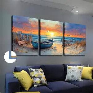 2D flat painting, 2D flat painting, triple framed canvas art painting, boat and beach style painting, stunning concept canvas painting, suitable for decorating living rooms, offices, etc., 12X 16inch and 16X 24inch , with frame