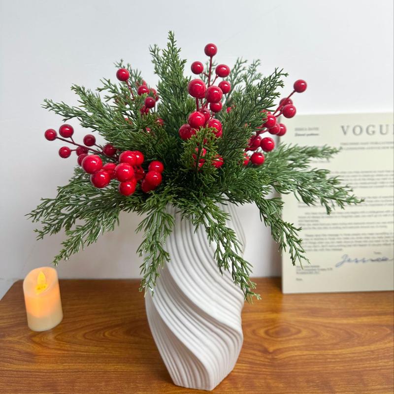 45 Pcs Christmas Artificial Pine Branches with Red Berry Stems- 10.5" Faux Evergreen Norfolk Pine Cypress Leaves Stems- Fake Foliage Pine Needles Picks for DIY Craft Garland Home Decor