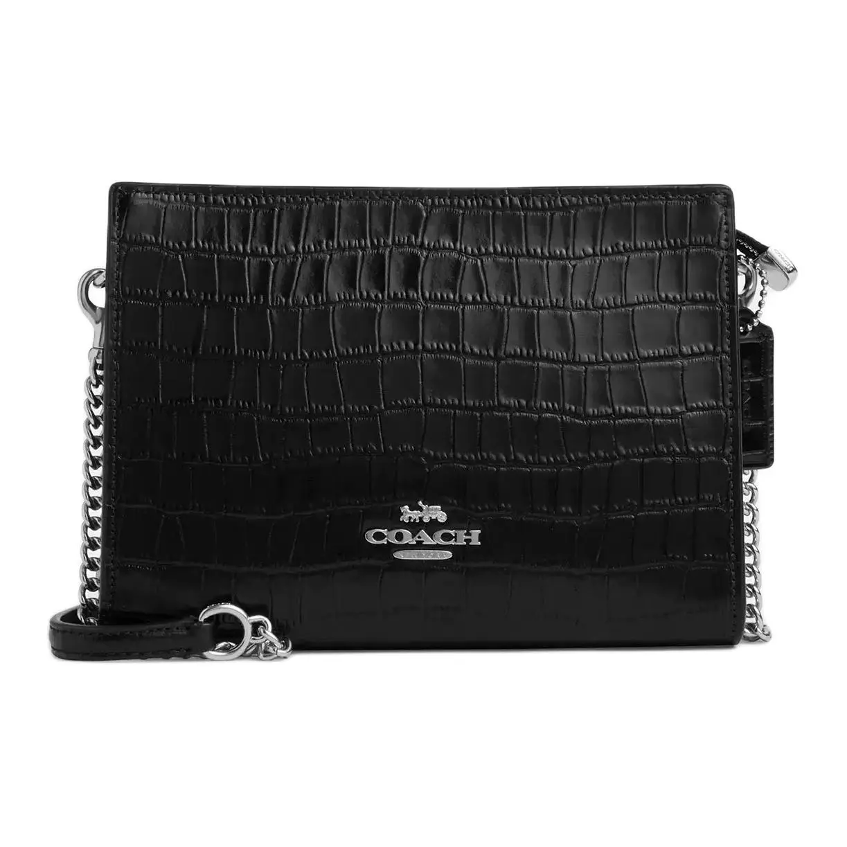 COACH Slim Crossbody Bag for Women, Crocodile-Embossed Leather with Silver Logo, Black