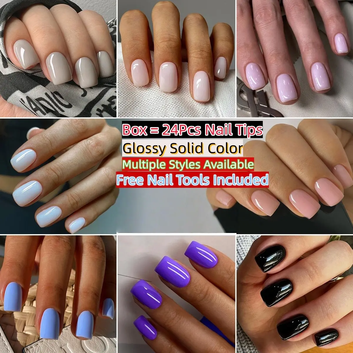 24pcs Short Square Press on Nails, Nail Set, Glossy Solid Color Fake Nails, Multiple Neutral Bright Shades, Reusable Nail Tips, Daily Office Manicure for Women Beginners