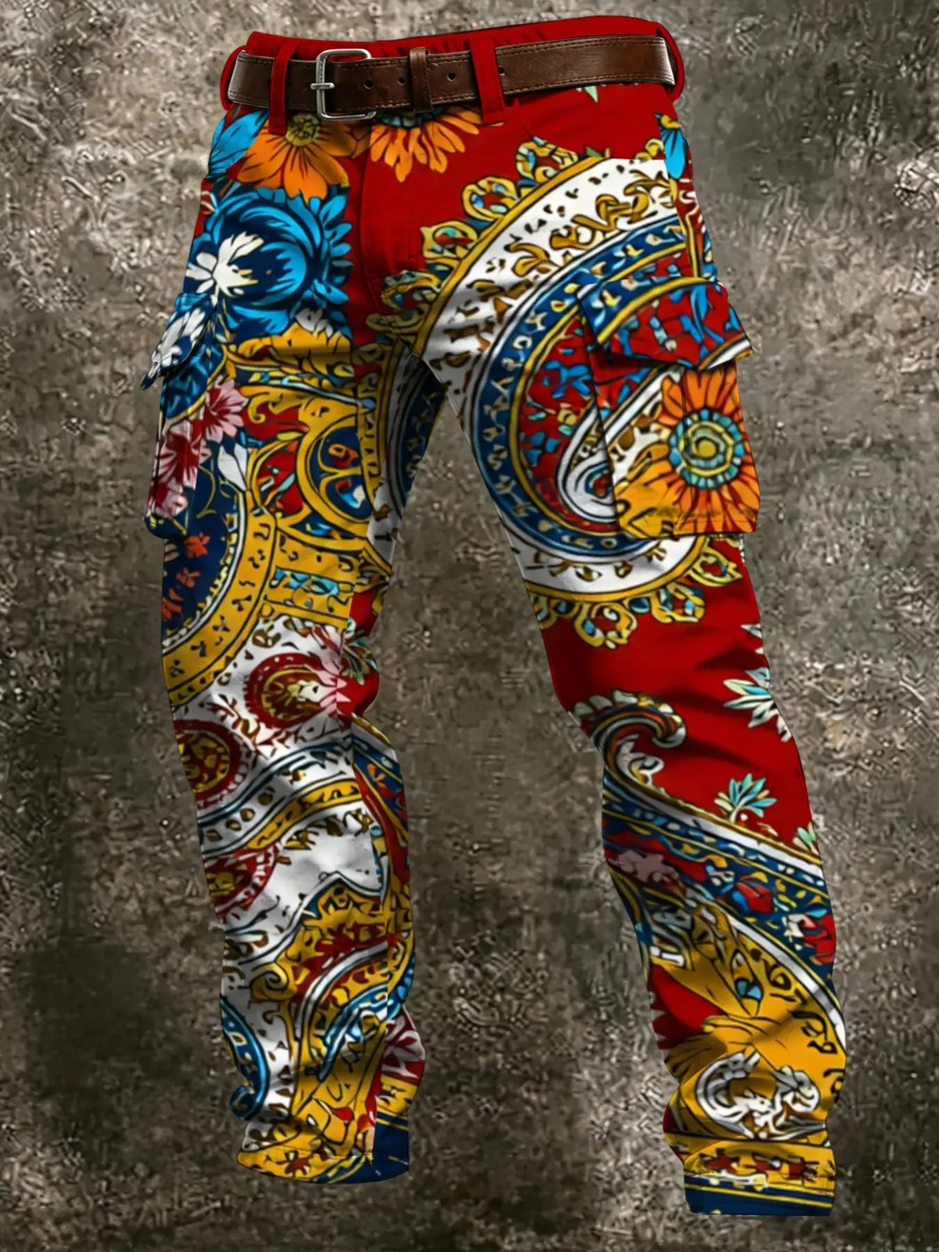 Men's Paisley Floral Vintage Print Cargo Pants, Bohemian Style Multi-Pocket Casual Long Trousers, Streetwear Fashion Bottoms