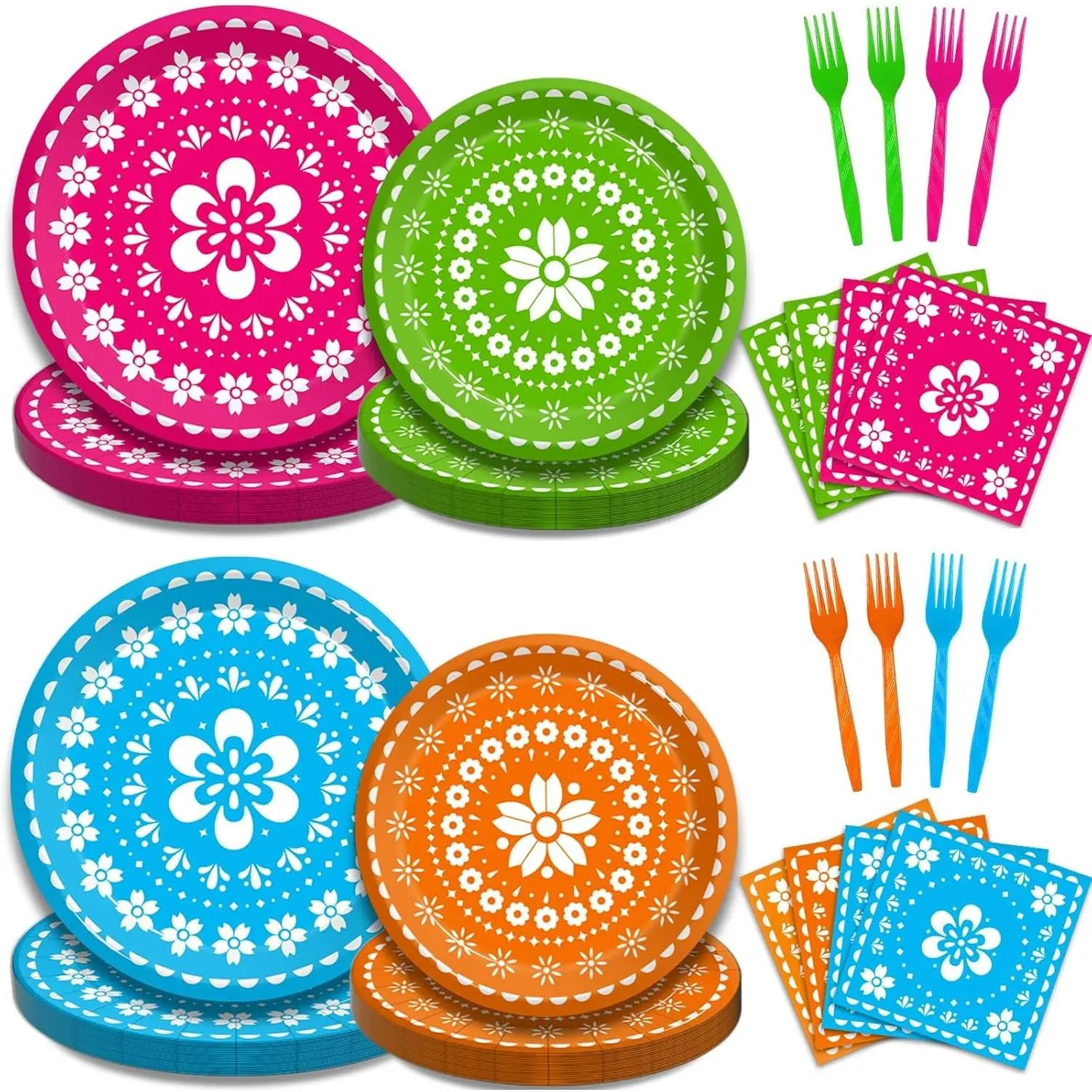 96 Pcs Mexican Fiesta Plates and Napkins Set, Papel Picado Floral Tableware in 4 Bright Colors, Serves 24 | Cinco de Mayo Party Supplies, Mexican Themed GatheringsGift