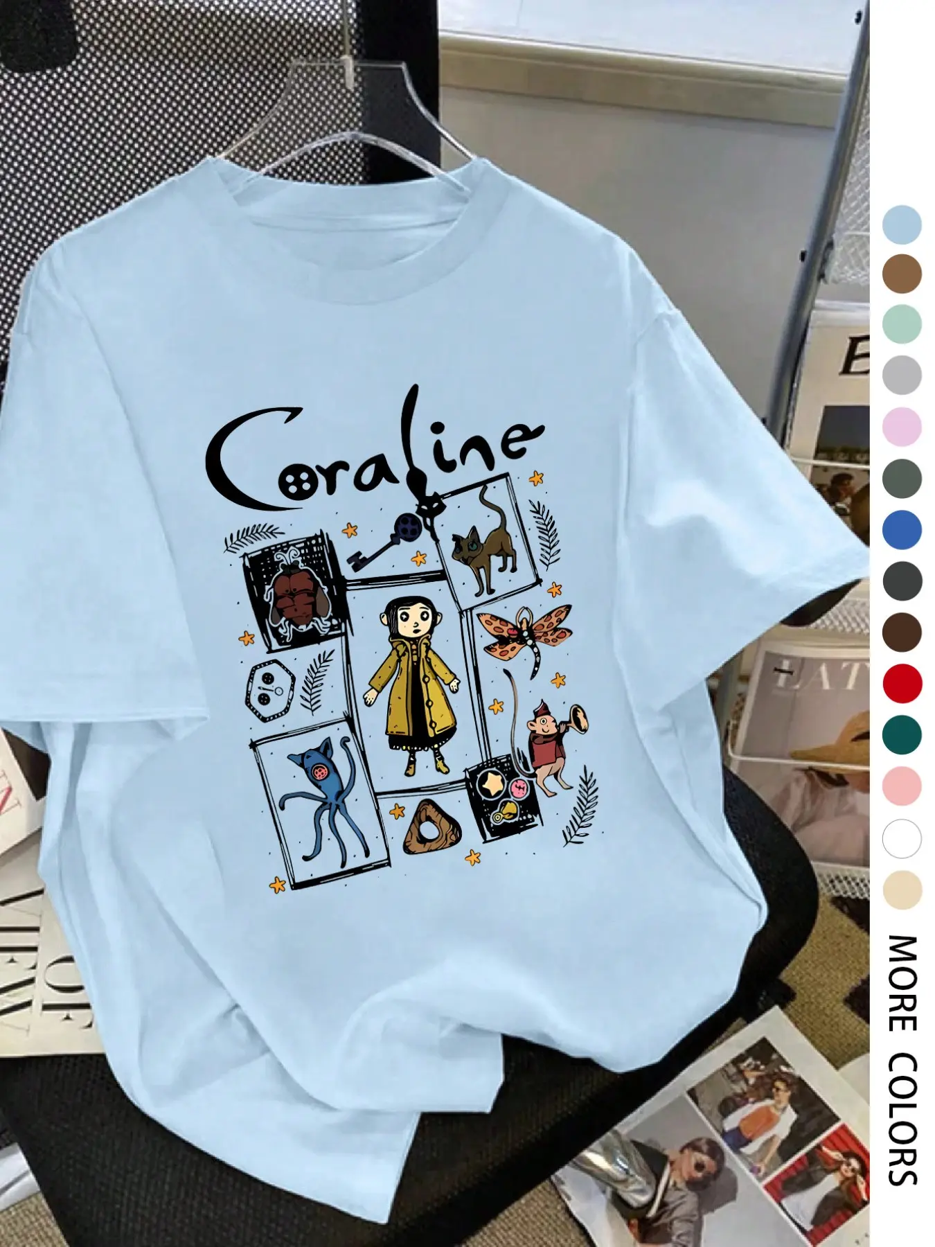 Coraline Cartoon Print Round Neck Short Sleeve T-Shirt, Casual Loose-Fit, Soft Breathable Fabric, Perfect Summer Top, Multiple Colors Available