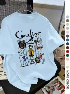 Coraline Cartoon Print Round Neck Short Sleeve T-Shirt, Casual Loose-Fit, Soft Breathable Fabric, Perfect Summer Top, Multiple Colors Available