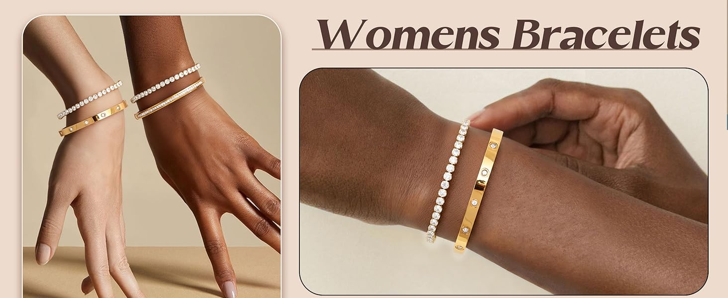 CASSIECA Gold Bracelet for Women 14K Gold Plated Stacking Bangle Tennis Bracelet Set Stainless Steel Adjustable Cubic Zirconia Tennis Bracelets Dainty Bangle Waterproof Jewellery Gifts for Women