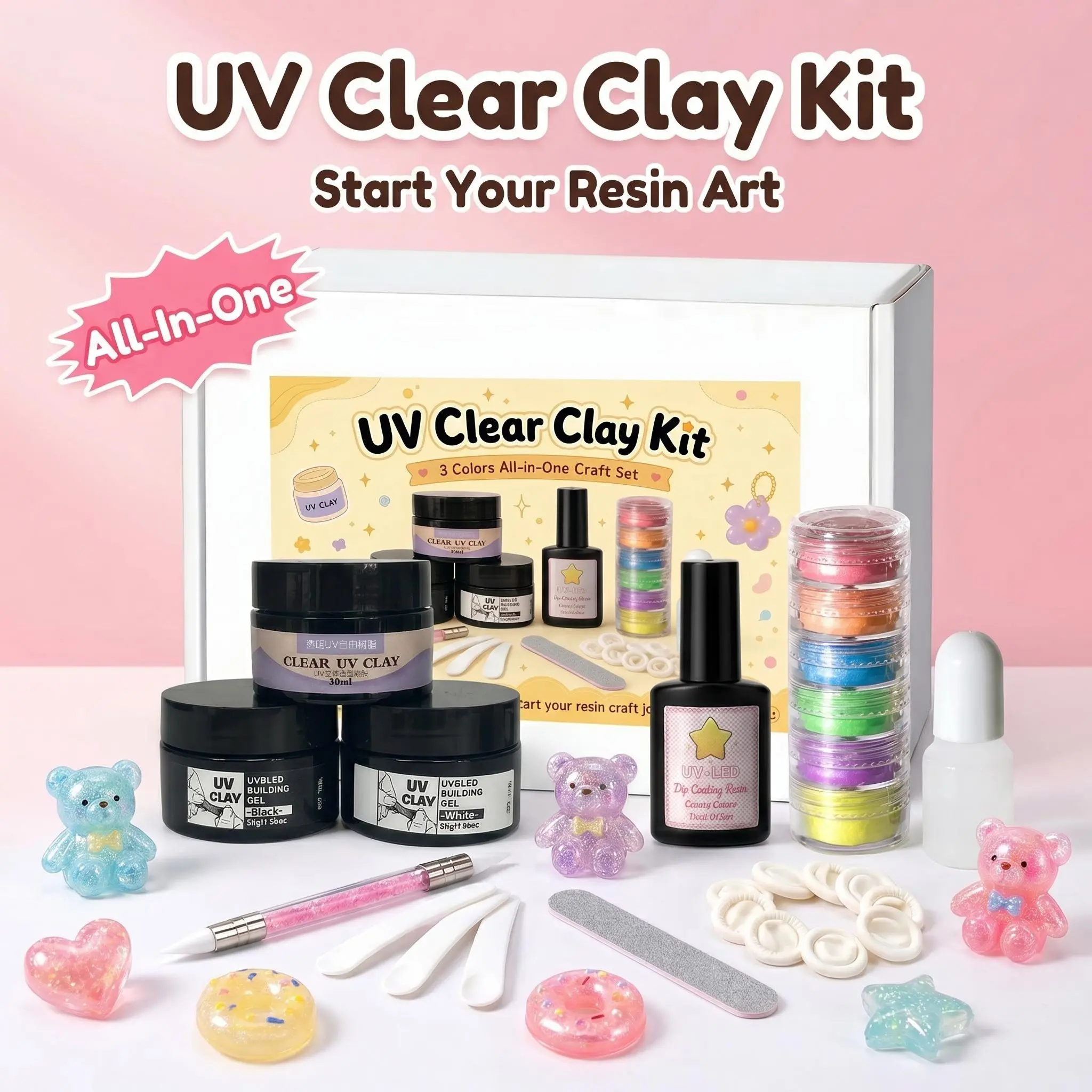 UV Clay Kit - 3 Colors (Clear/White/Black) , UV Top Coat, 6 Pearl Powders , Full Tools Set, All-In-One Resin Art Kit, for Handmade Jewelry & Crafts, DIY Jewelry Making, Jewelry Making Kits, Jewelry Making Supplies