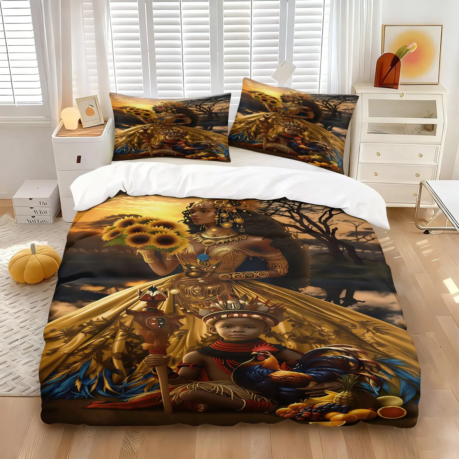 Golden African Queen Sunflower Tribal Vintage Duvet Cover Set, Includes 1 Duvet Cover + 1/2 Pillowcases, Soft Skin-Friendly All Season Bedding, Perfect Sentimental Gift For Black Women, African Culture Lovers & Boho Luxury Bedroom Decor