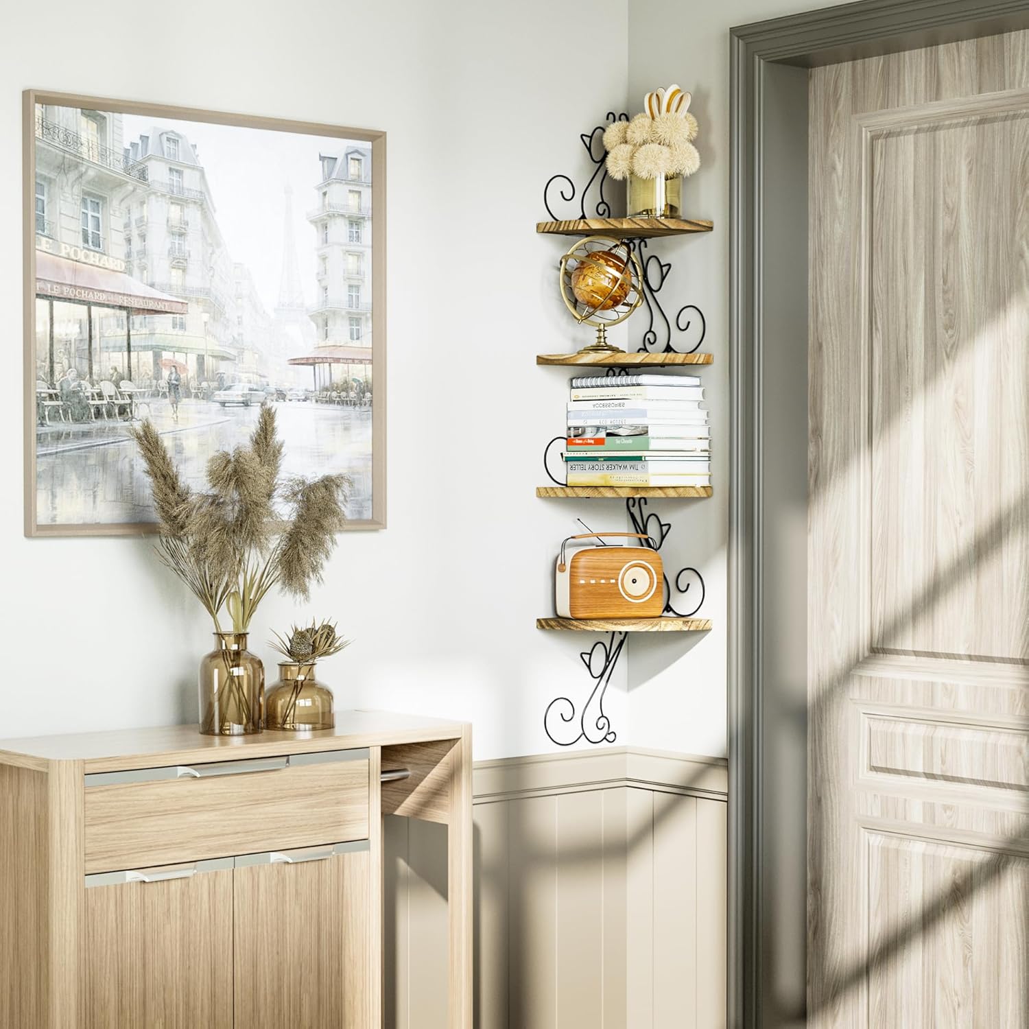 PLL Wall Mount Corner Shelves 4 Tier Floating Corner Storage  Shelves Decorative Rustic Radial Shelf in  Shape Carbonized Black