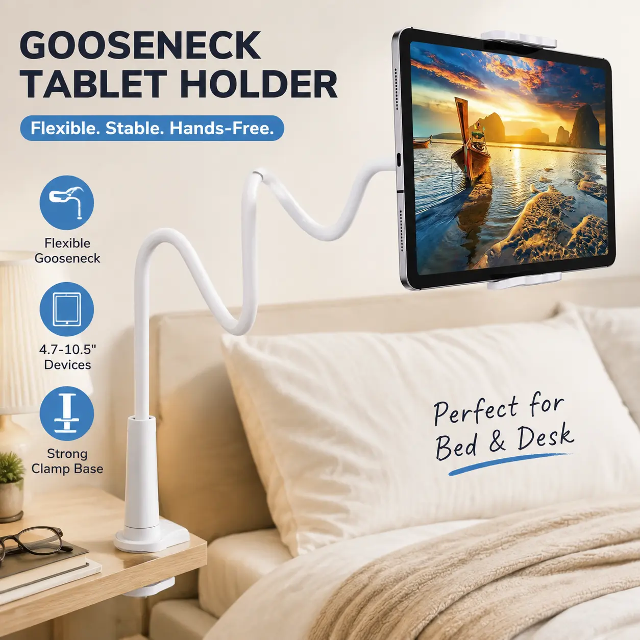 Gooseneck Tablet Holder Stand with Adjustable Flexible Arm and Clamp Mount for Bed, Table, or Desk, Compatible with 4.7-10.5 Inch Tablets, E-Readers, and Handheld Gaming Devices