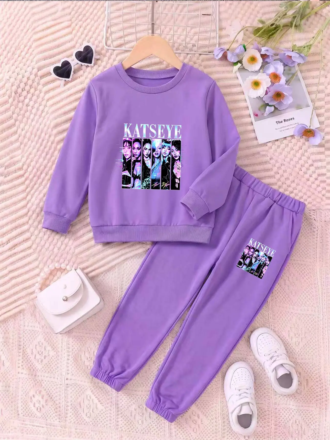 Kids Fashion Autumn Winter Girls Sweet Cool Long Sleeve Set, Katseye Cartoon Print, Elastic Waist, Pockets, 8-12 Years, Casual Wear Sweatshirt Sets