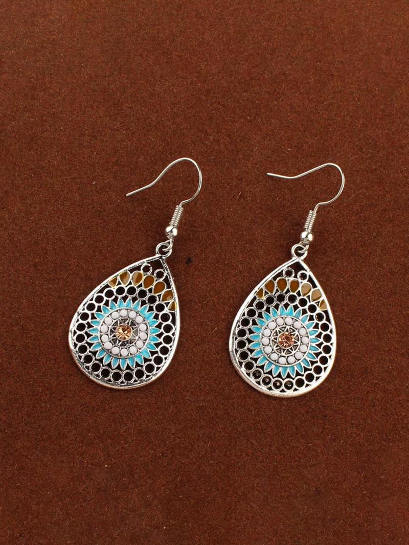 2pcs/set Boho Style Water Drop Shaped Pendant Necklace and Dangle Earrings, Vintage Style Ethnic Pattern Design Dangle Earrings, Fashionable Jewelry Set, Fashion Zinc Alloy Jewelry Set for Women and Girls, Jewellery Gift Set