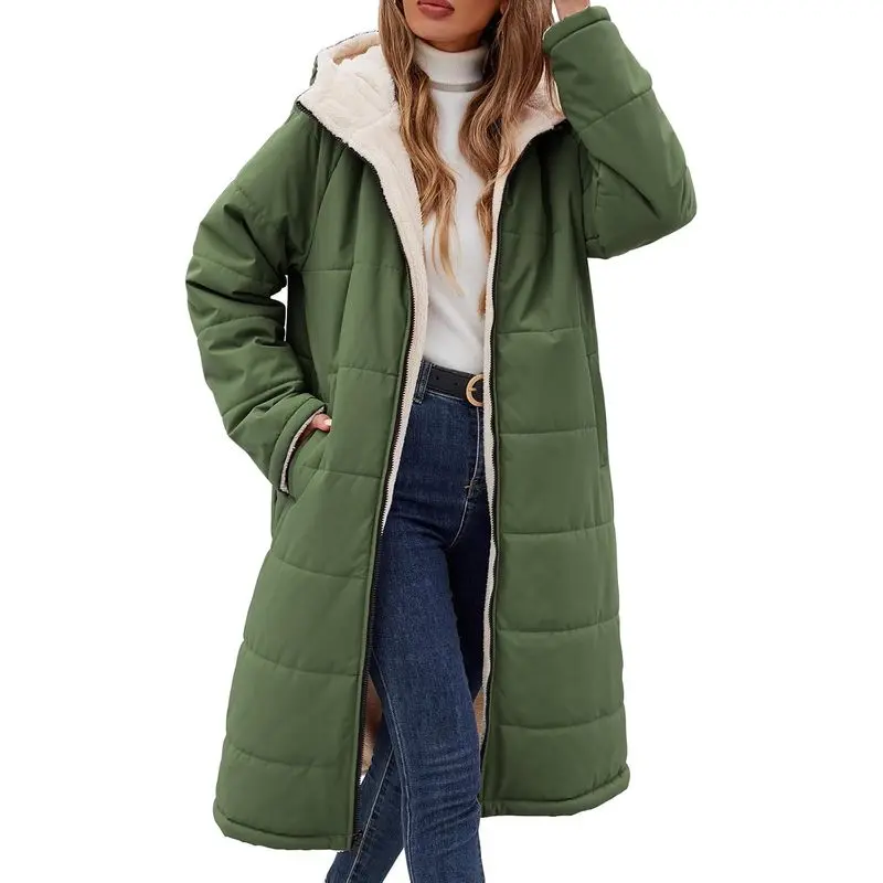 Women's Reversible Long Puffer Coat with Hood, Quilted Winter Jacket with Soft Fleece Side, Full Zip Front and Pockets, Warm Casual Outerwear for Fall, Winter, Travel and Everyday Wear
