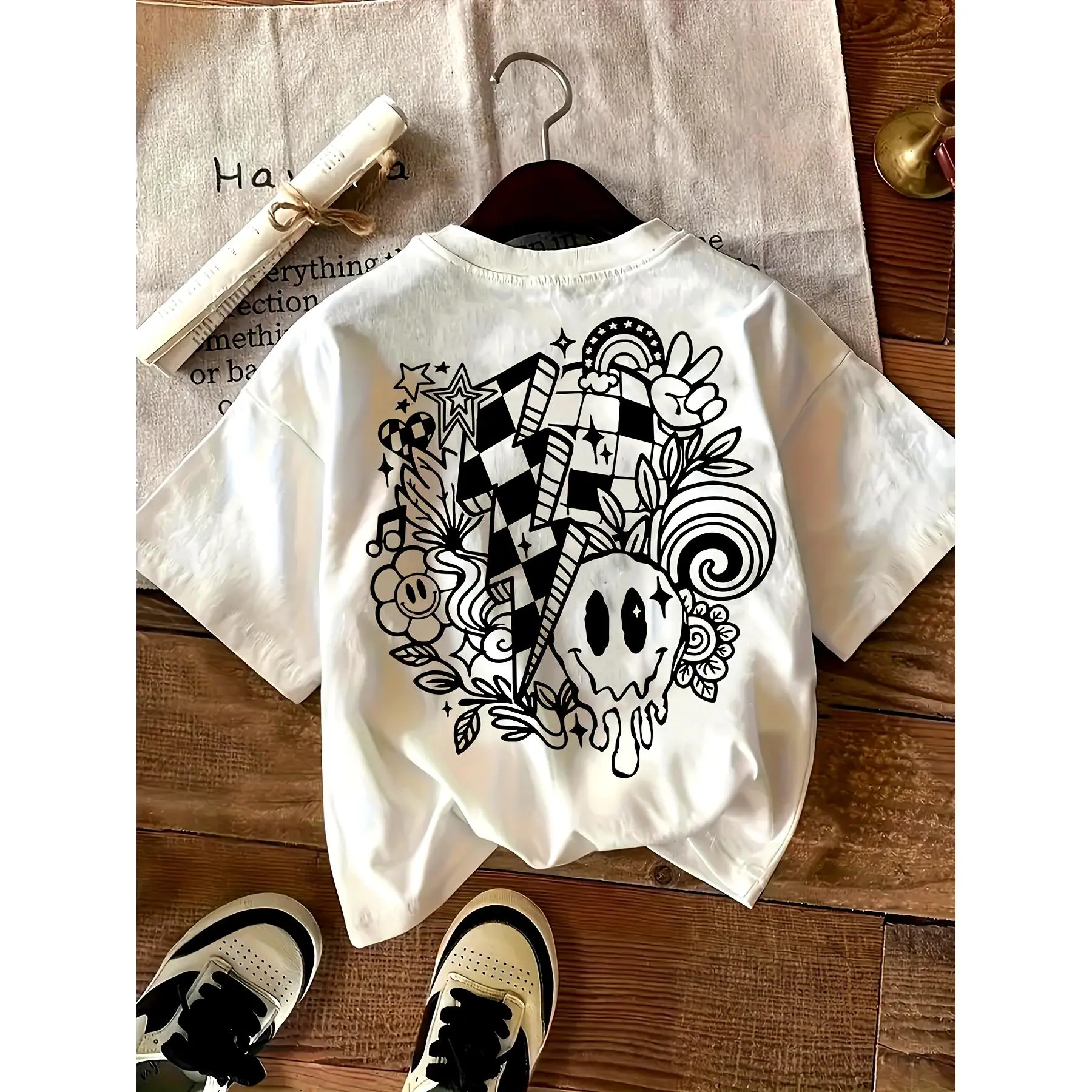Y2K Retro Melting Smiley Face Checkerboard Back Print Graphic Tee - Standard Pure Cotton Short Sleeve Crewneck Top for Women & Men, Indie Aesthetic Streetwear Apparel, Trendy Outfit & Cool Gift