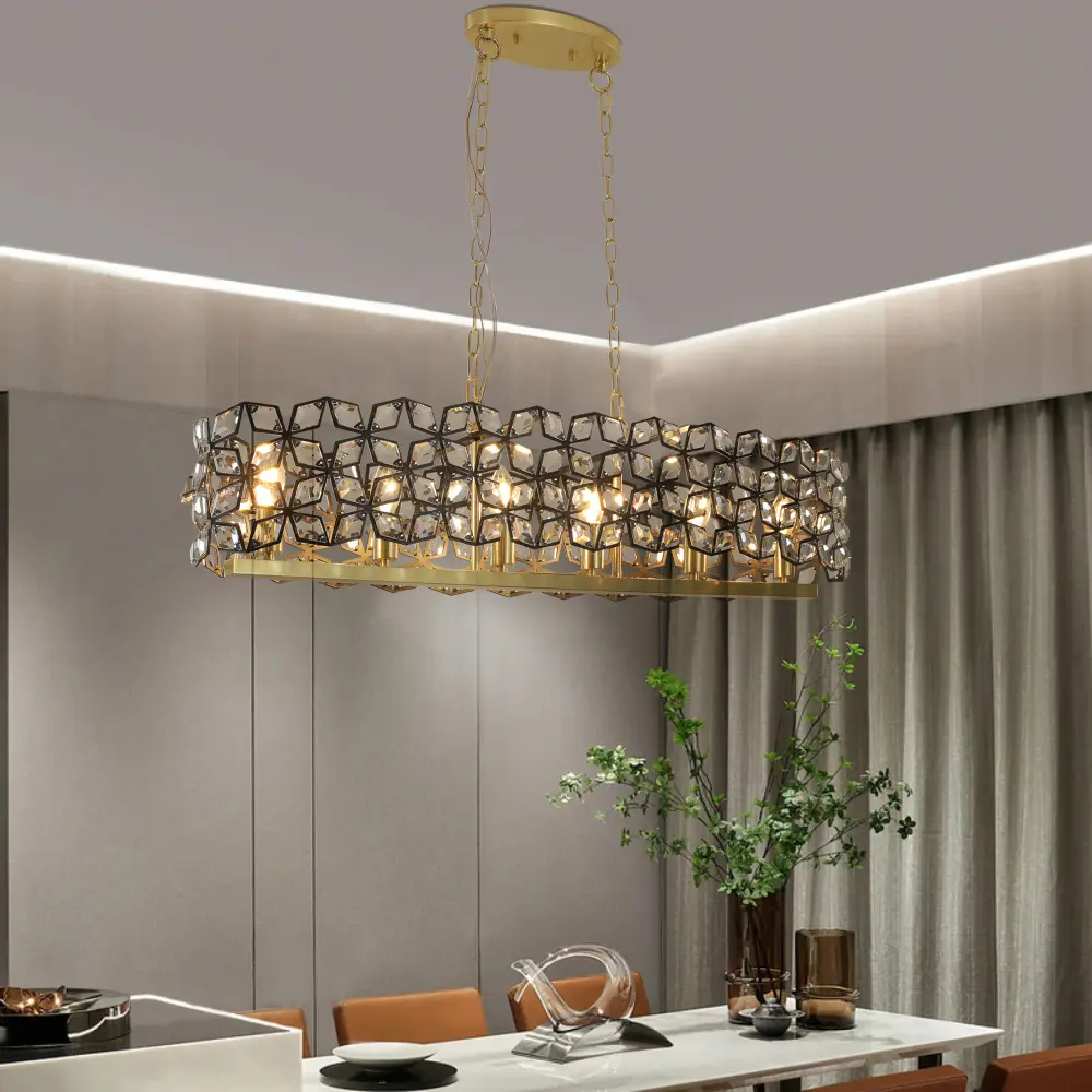 39" Modern Crystal Pendant Chandelier, Black & Gold Geometric Indoor Ceiling Light Fixture, 8-Light Contemporary Luxury Hanging Lamp, for Dining Room, Kitchen Island, Living Room Decor (Bulbs Not Included), Sparkling