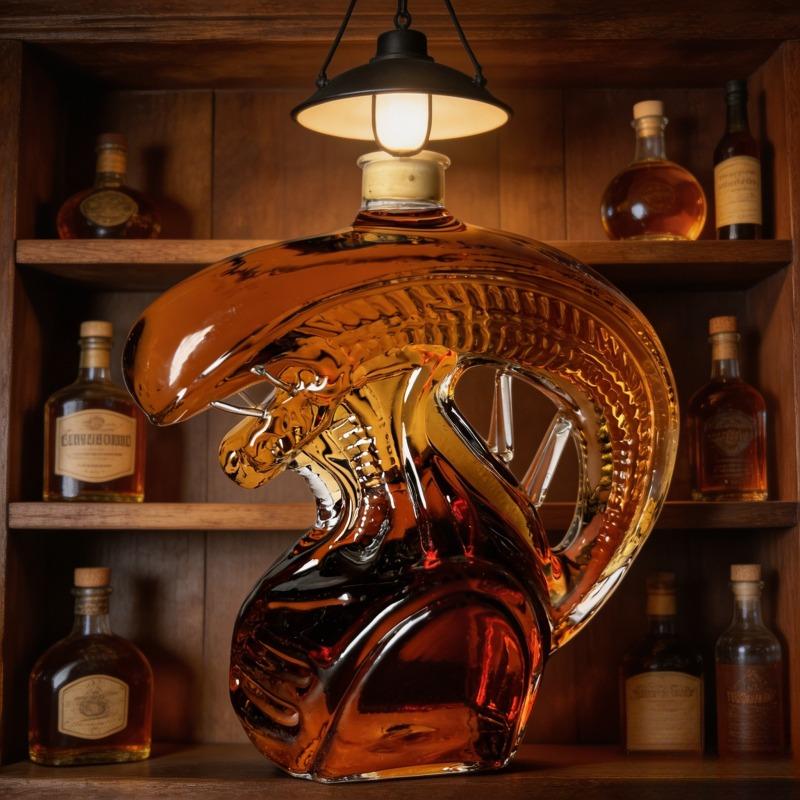 The Monster Decanter—an alien-themed glass decanter inspired by classic movie monsters. An exceptional collectible, it seamlessly combines the practical function of holding spirits with the decorative aesthetic of a creative display piece. (Glass)