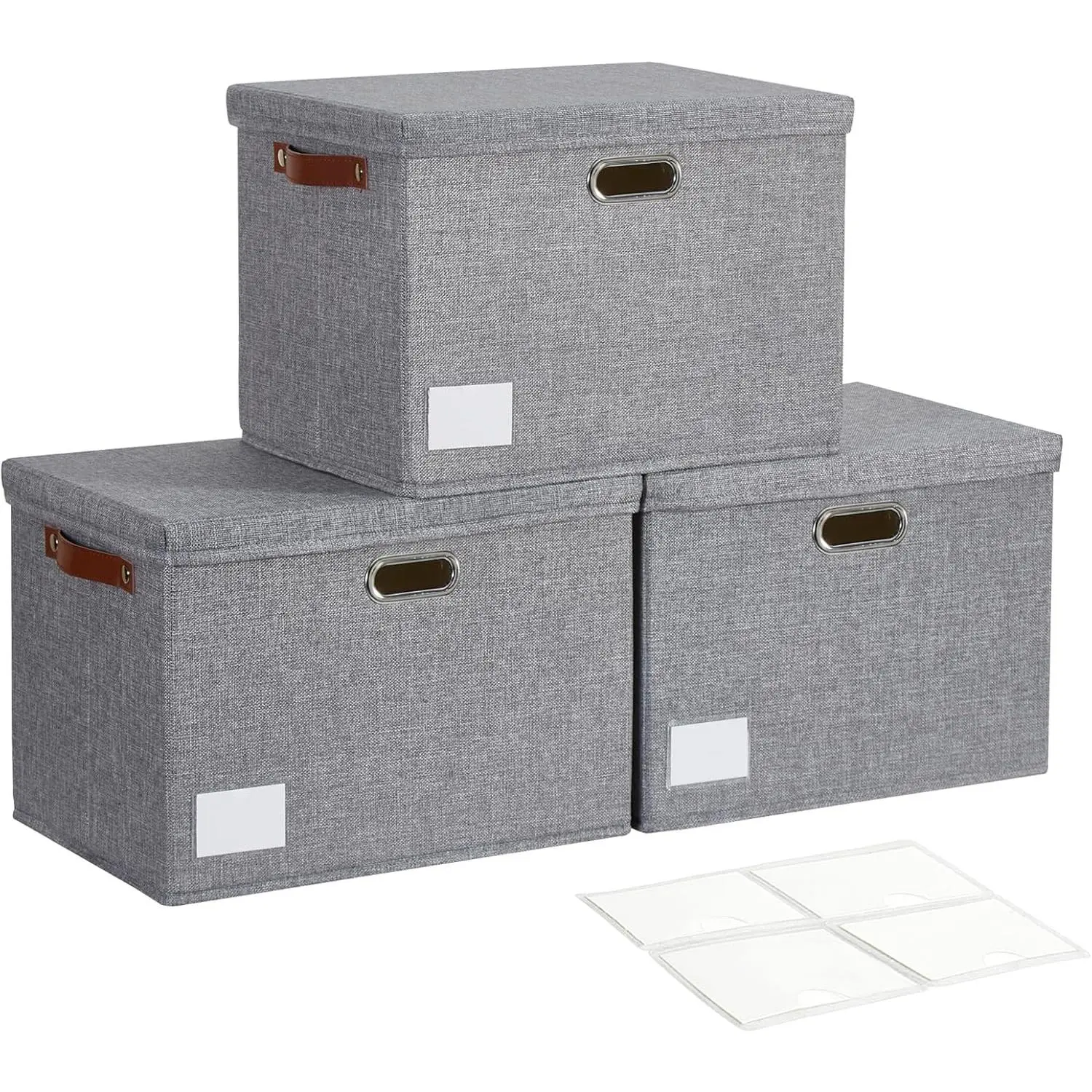 17" Large Collapsible Storage Bins with Lids, Stackable Closet Organizers with PU Handle and Labels, 3-Pack Decorative Fabric Storage Boxes for Home, Bedroom, Closet, Office, Nursery(Gray)