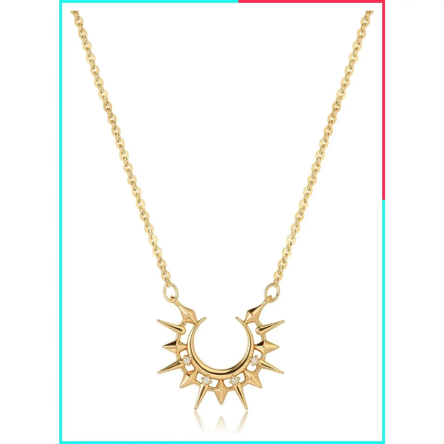Celestial Pendant Necklace for Women, Crescent Sun Face Sunburst, 18K Gold Plated Brass, Open Crescent Frame, Raised Sun Face, Ribbed Medallion, Cubic Zirconia Accents