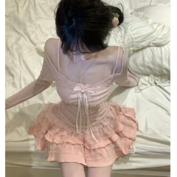 2026 New Women Birthday Rave Korean Fashion Gyaru  Coquette Outfits 2 Piece Set Fake Two Pieces Top + Mini Ruffle Skirts Chic