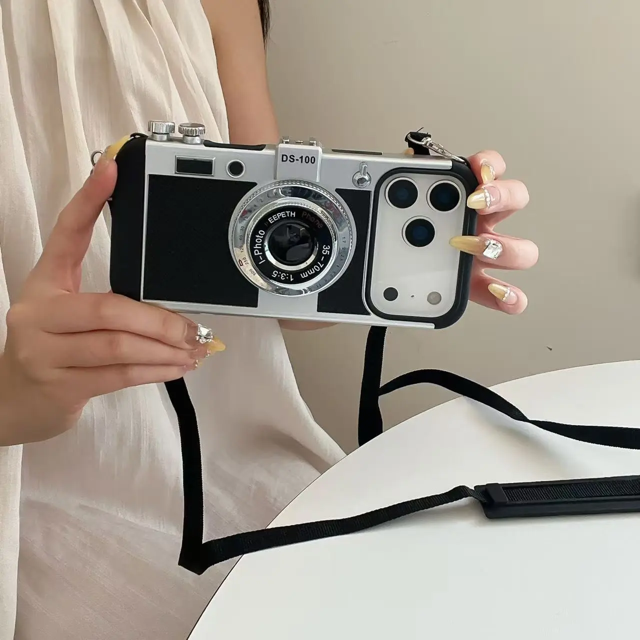 Vintage Camera Design Phone Case with Strap, Fits iPhone X to 17 Pro/max, Customizable Anti-Drop Protective Cover, Trendy and Unique Style