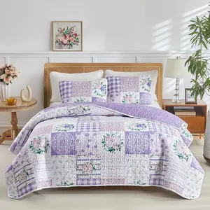 3 Pieces Floral Set Queen, Patchwork Purple n Pink Flowers, Soft Microfiber, Bedspread Bed Cover for son, 1 and 2 Pillow Shams- 90x90 inches