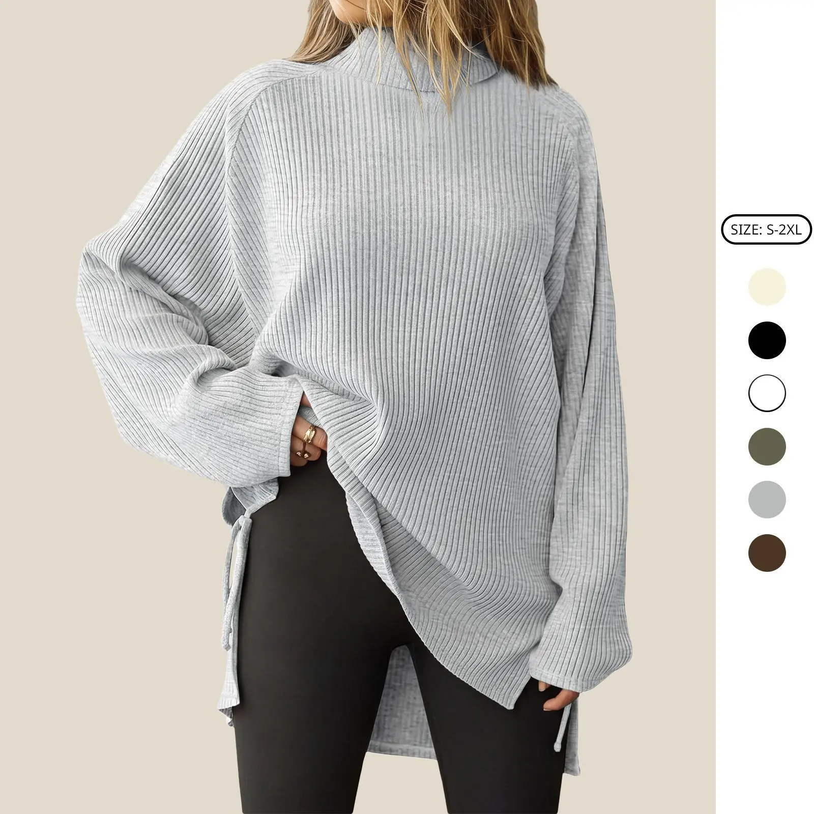 Imily Bela Women's Turtleneck Oversized Sweatshirt Long Batwing Sleeve Spilt Hem Tunic Pullover Knit Tops