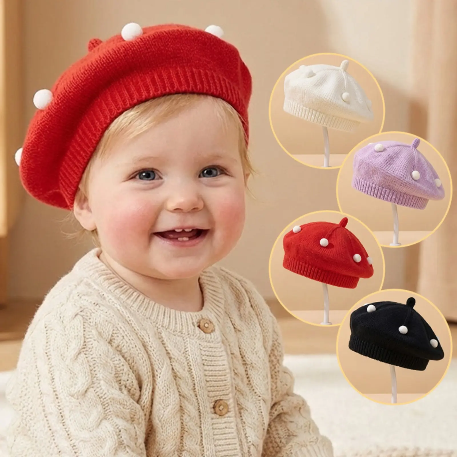 Unisex Plain Soft Knit Beret Hat - Tiny Pom Pom Top, Rib Cuff, All Seasons Daily Casual Sports & Walking Outdoor Headwear
