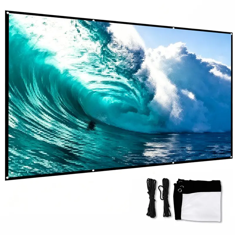60 inch, 72 inch, 84 inch, 100 inch, 120 inch, 150 inch outdoor camping simple projection screens, specially designed for hanging. Suitable for wall mounted installation, it is an ideal choice for office presentations and home theater use