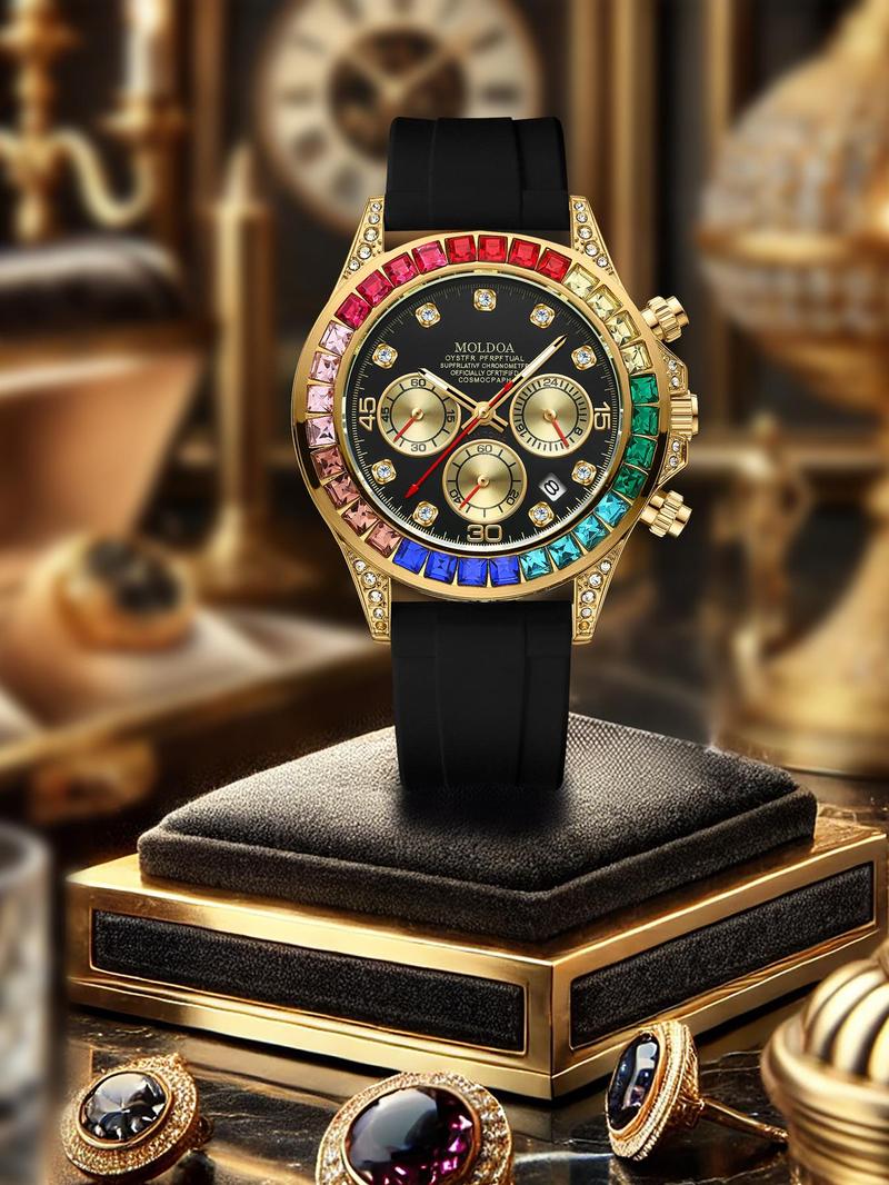 Men's Business Fashion Rhinestone Decorated Analog Quartz Watch, Fashion Watch for Party, Daily Clothing Decor, Trendy All-match & Exquisite Watch for Birthday Gift with Box, Stylish Watch, Rhinestone Watches