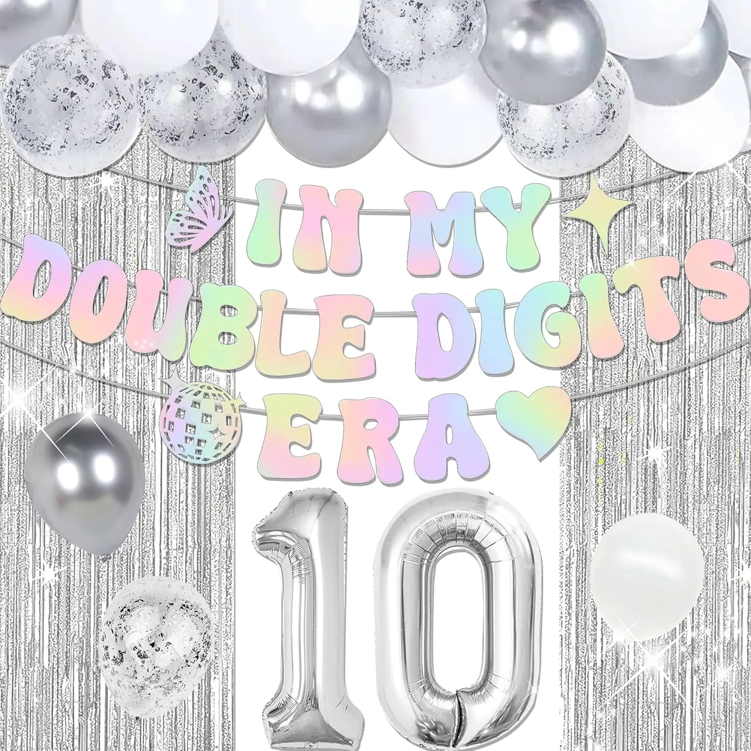 10th Birthday Decorations In My Double Digits Era Banner Double Digits Birthday Happy 10th Birthday Decorations for Silver Number 10 Balloon Girls Boys Double Digits Party Supplies