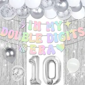 10th Birthday Decorations In My Double Digits Era Banner Double Digits Birthday Happy 10th Birthday Decorations for Silver Number 10 Balloon Girls Boys Double Digits Party Supplies