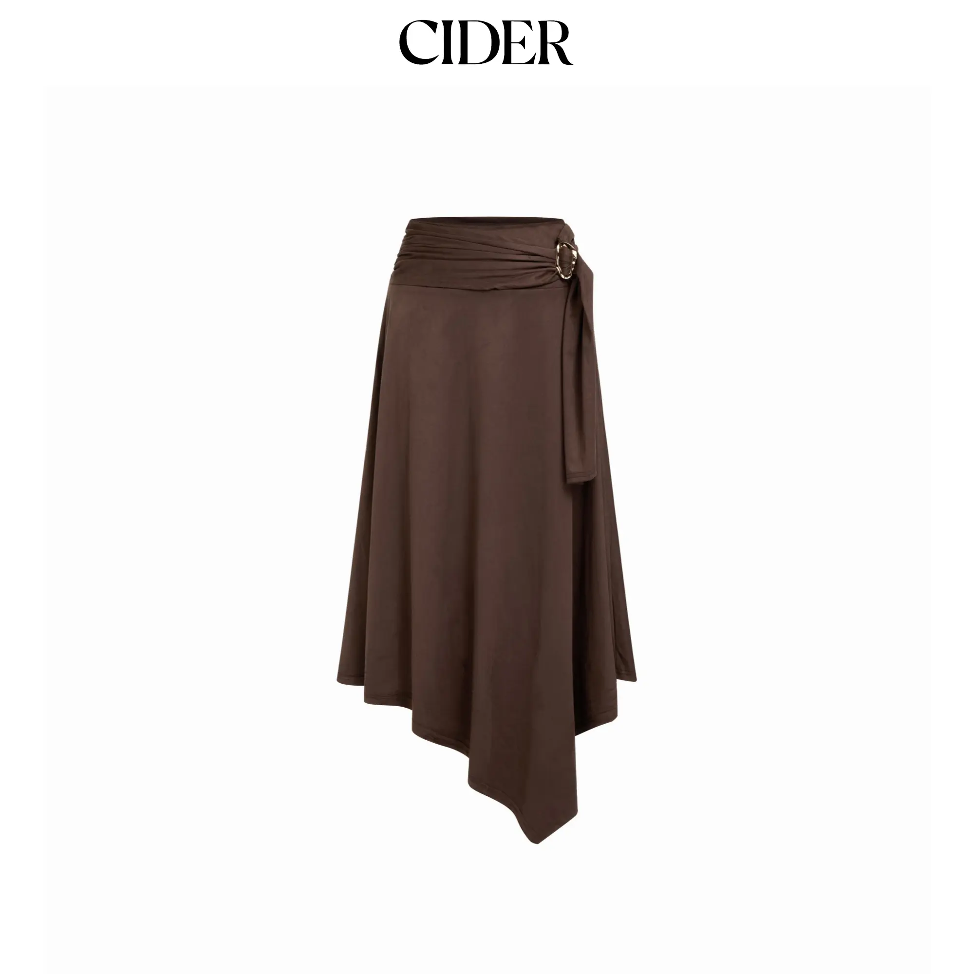 Cider Suede Mid Rise Metal Buckle Draped Ruched Asymmetrical Hem Maxi Skirt