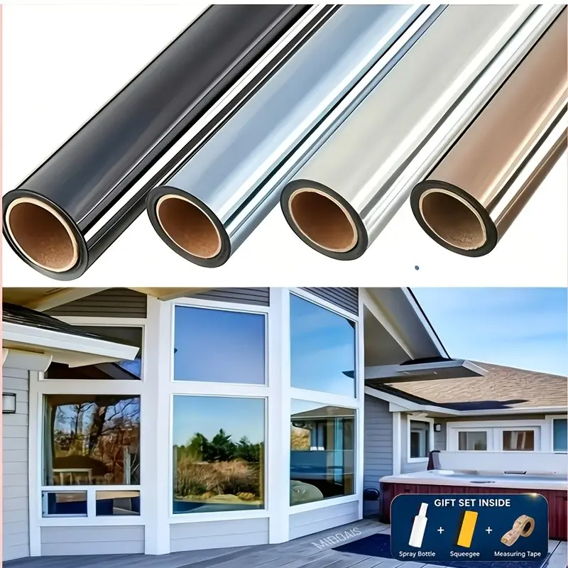 Large One-Way Privacy Window Film for Home And Office Windows. Features Electrostatic Adhesion - No Glue Required - And Provides Protection, Sunshade, And Heat Insulation. A Summer Must-Have. Bonus Gifts: Spray Bottle, Measuring Tape, And Squeegee