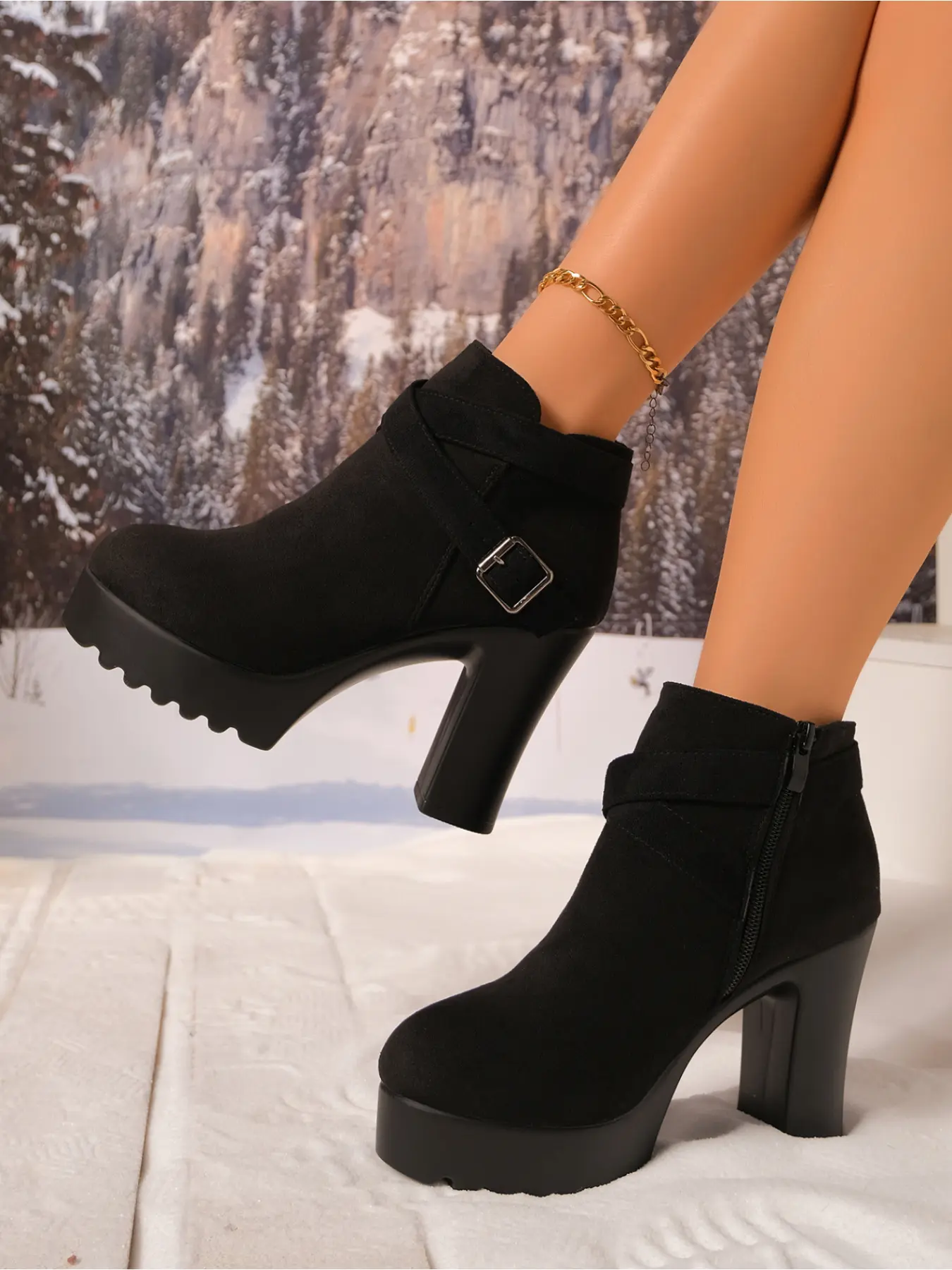 Multi Scene Winter Outdoor Platform Ankle Boots Soft Matte Wrinkle Proof Faux Suede Cross Wraparound Strap Silver Metal Square Buckle Full Inner Side Zipper Roomy Round Toe Deep Groove Anti Slip Shock Absorbing Thick Platform High Chunky Block Heel Women