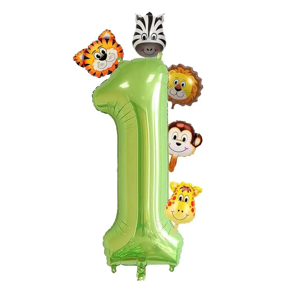 7pcs 32 Inch Green Number 1 Decorative Balloons Set with Mini Jungle Animals (Tiger, Lion, Giraffe, Monkey, Zebra) for Kids' Birthday Party Decor, Balloon Decor Home Supplies