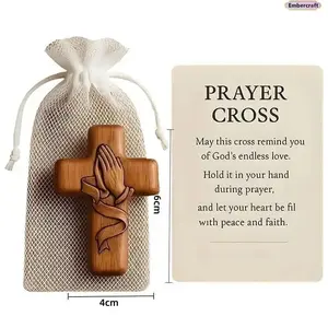 Handmade Wooden Pocket Cross Gift Set Hand Heart Design Christian Religious Decor With Pouch Card Prayer Easter Christmas Gift