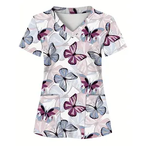 Full-body print, blue and red butterfly pattern, two-pocket Women's scrub top - soft, breathable, practical uniform suitable for hospitals, dental clinics, beauty salons, and institutions, nurse workwear