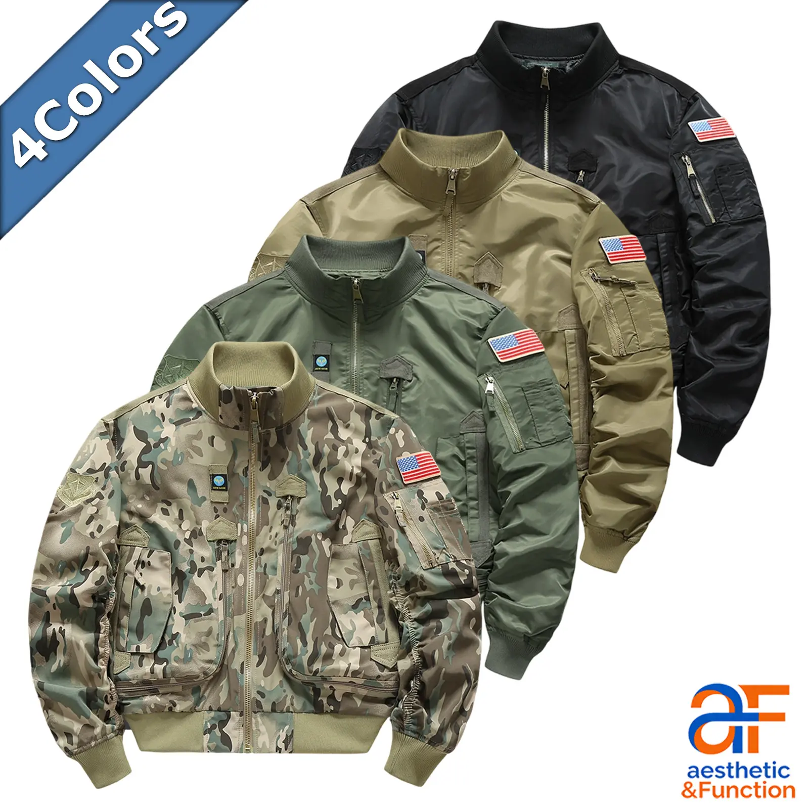 Men's Stylish Tactical Bomber Jacket - Military MA-1 Flight Coat with US Flag Patch, Arm Pocket, Utility Windbreaker Tops for Menswear Fashion (Camo, Army Green, Khaki, Black - 4 Colors)
