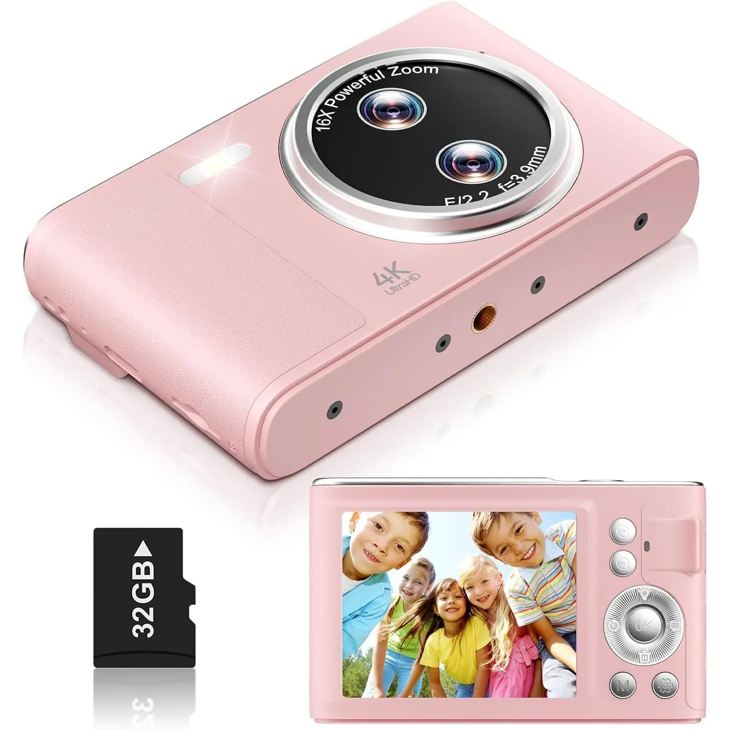 Digital Camera, 48MP FHD 1080P Point and Shoot Camera with 16x Zoom, Anti Shake Autofocus Compact Camera with 32GB Card for Kids, Beginners, Teens, Pink
