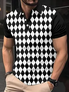 Colorblock Checkerboard Polo Shirt, Vintage Casual Business Top, Loose-Fitting Short Sleeve, Spring & Fall, All over Print